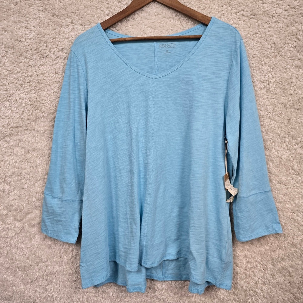 Escape Habitat Clothes V-Neck Top Women XL Blue Slub‎ Knit 3/4 Sleeve Cotton